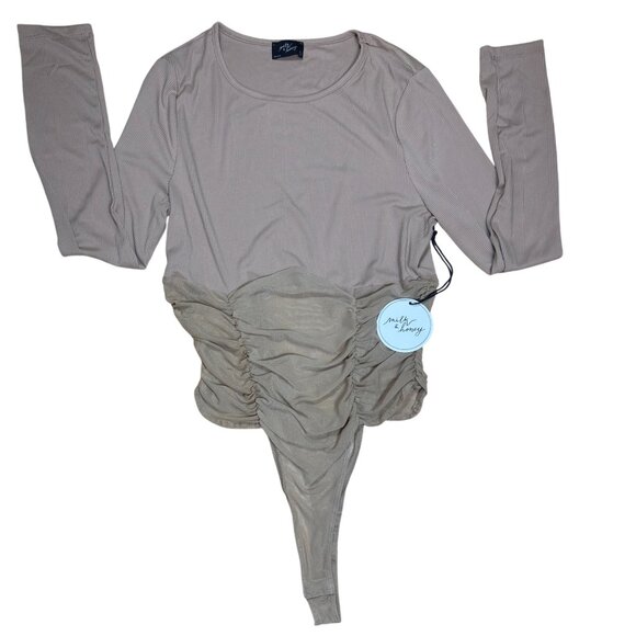 Women’s Long Sleeve Ruched Mesh BODYSUIT Beige Size Large - Picture 3 of 5